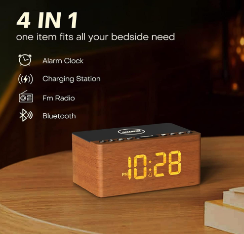 Réveil Homtime M9 Bois Avec Charge USB, Enceinte Bluetooth, NFC Et LED – Neuf