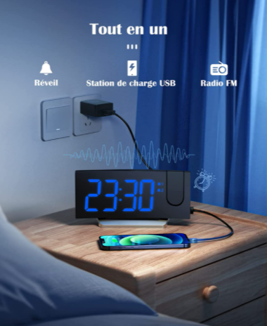 Radio-réveil à Projection, réveil numérique CestMall avec Chargeur  USB/Projection au Plafond, Double réveil Fort, réveil à projecteur Simple  pour